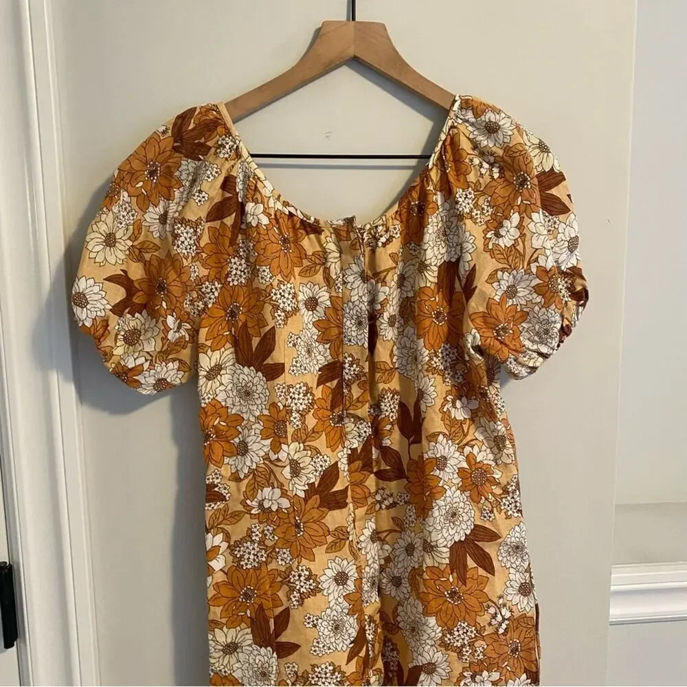 J. Crew Linen Cotton Floral Orange Brown Mini Dress 0